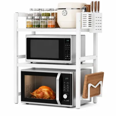 Expandable 3-Tier Microwave Shelf White, Kitchen Counter Organizer Rack with Built-In Storage for Spices Cookware and Tableware