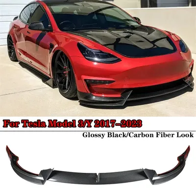 For Tesla Model 3/Y 2017-2023 3Pcs Front Bumper Lip Spoiler Splitter Diffuser Trim BodyKit Accessories Glossy Black Carbon Fiber