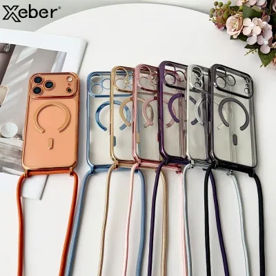Luxury Necklace Cord Rope Lanyard Plating Magnetic Clear Phone Case For iPhone 17 16 14 11 12 13 15 Pro Max For Magsafe Cover