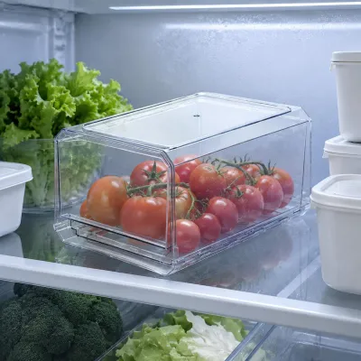 Clear Fridge Organizer Bin Large Capacity Plastic Refrigerator Bin Food Storage Container Stackable with Handles for Kitchen