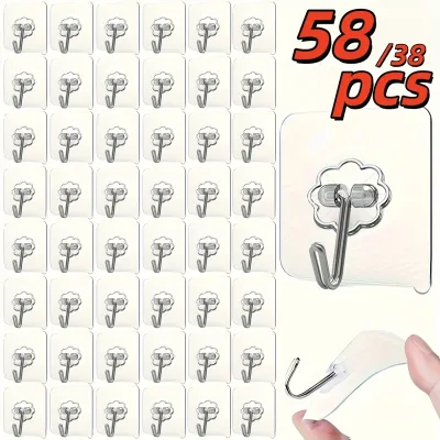 Heavy Duty Transparent Adhesive Wall Hooks, No Drill No Residue Clear Hooks, Waterproof Strong Sticky Hooks for Bathroom Kitchen Hanging Towel Key Cutlery, Damage-Free Removable Home Storage Organizer
