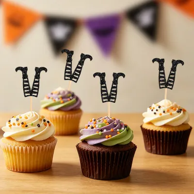 NUBECOM 24Pcs Glitter Witch Legs Cupcake Toppers Witch Feet Silhouette Cake Picks Fall Halloween Party Dessert Cake Toppers