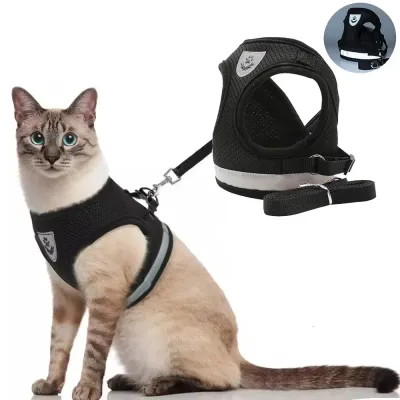 Escape Proof Cat Harness Adjustable Reflective Vest Mesh Breathable Pet Lead Leash Set for Small Puppy Kitten Walking Training