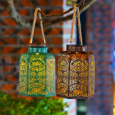 Hanging Solar Lights Outdoor Garden Decorative, Solar Hexagon Hollow Iron Lantern, Decorative Hanging Outdoor Light, for Patio Pathway Yard Porch Backyard Garden Decor