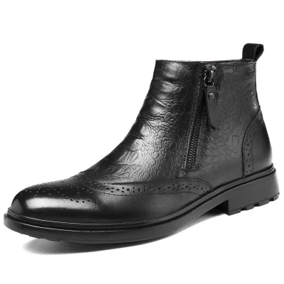 Autumn Winter Premium Men's Brogue Chelsea Boots Size：35-47 Soft Embossed Genuine Leather Boots All Match Formal Daily Footwear
