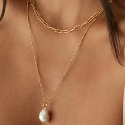 Stainless Steel PVD 18K Gold Plated Tarnish Waterproof Layered Chian Pearl Pendant Necklace For Woman Jewelry Wholesale INS