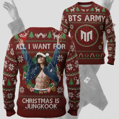 BTS All I Want for Christmas Is Jungkook 3D Round Neck Hoodie Men Women Autumn Winter Warm Comfort Ugly Sweater Casual Clothing