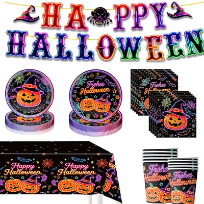 Neon Halloween Party Supplies Disposable Tableware Set Pumpkin Plates Cups Napkins Tablecloth Banner Halloween Party Decorations
