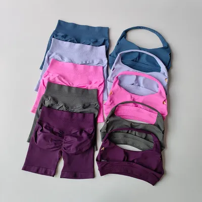 Sexy Halter Neck Beautiful Back High Waist Peach Sports Bras Shorts Suit Pilates Gathering Yoga Vest Training Fitness Bra Sets
