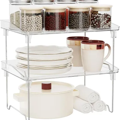 2 Tier Counter Organizer Shelf, Stackable Kitchen Spice Rack, Clear Plastic Storage for Bathroom, Pantry, Desk