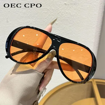 OEC CPO Fashion Double Bridges Pilot Sunglasses Women Large Frame Shades UV400 Retro Sun Glasses Female Orange Yellow Eyewear