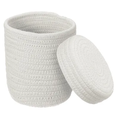 Uxcell Small Cotton Rope Woven Storage Basket, Shelf Closet Storage Gift Woven Baskets Cute Nursery Box Bin Decor Round with Lid