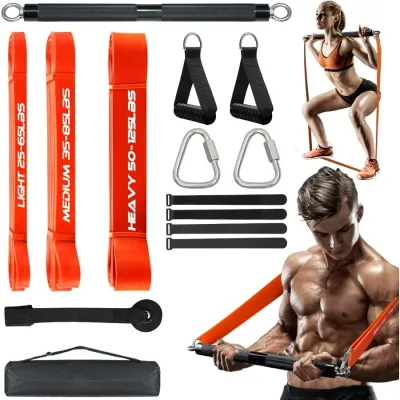 Compact 23 Inch (58cm) Resistance Bar Set with 3 Stackable Bands - 500LBS Heavy Duty Home Gym Kit, Portable Full Body Workout Eq