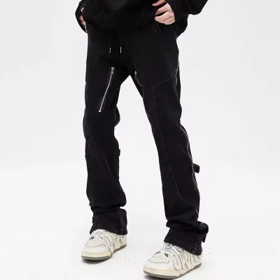 2023 Y2K Streetwear Side Zipper Black Slim Cargo Jeans Pants For Men Clothing Ropa Aesthetic Casual Male Trousers Pantalon Homme