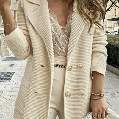 Women's Cream Rib Knit Double-Breasted Blazer Coat Oversized Casual Office Wear Long Sleeve Outerwear