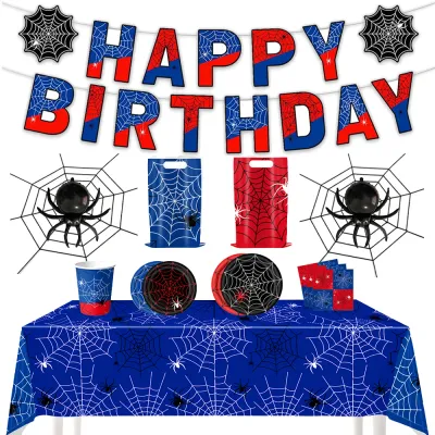 Spider Themed Party Tableware Plates Cups Tablecloths Spiders Aluminum Foil Balloons Spider Webs Flag Pulling Boys Birthday Part