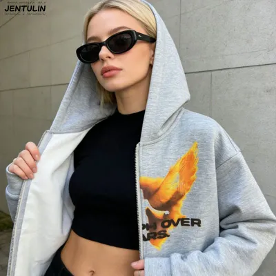 Men Grey Zip Up Hoodie Angel Guardian Cotton Graphic Autumn Oversized Aesthetic Sports Tops Tees Y2k Streetwear Unisex Clothing