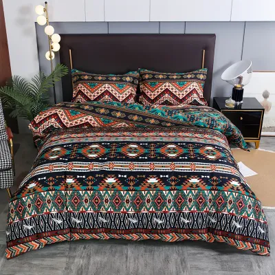 3pcs Boho Bedding Set Striped Geometric Duvet Cover and Pillowcases in Brown Ethnic and Traditional Style Soft Cozy Quilt Covers