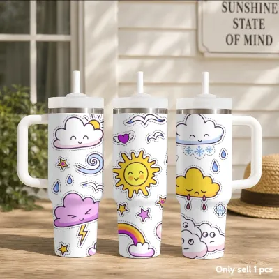 Weather Cartoon Vacuum Flasks 40oz Portable Stainless Steel Tumbler with Handle Straw Double Wall Vacuum Insulated Leakproof Mug