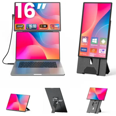 Портативный монитор‑расширитель экрана ноутбука 16" 1200P LCD для путешествий, внешний дисплей с USB‑C портом, съёмной подставкой, игровой монитор
