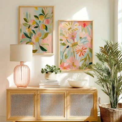 2pcs/set Boho Pastel Peach Floral Canvas Print Poster Modern Minimalist Abstract Art Prints Spring Wall Art Home Decor Poster