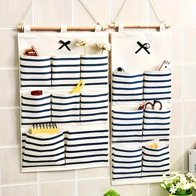 1Pc Linen Hanging Storage Bag Organizer with Multi Pockets, Wall Mounted Versatile Organizing Closet Storage Room Organizer