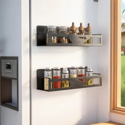 Magnetic Spice Rack for Refrigerator, 2 Pack Metal Shelf Organizer for Fridge Side, Strong Storage Rack for Kitchen, Black