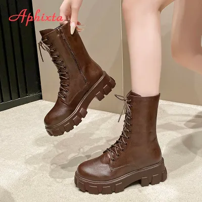 Aphixta Platform Women Modern Boots 5cm Square Heel Narrow Band Zipper Woman Shoes Round Toe Brown Big Size 43 Ankle Boot