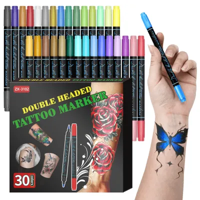 Temporary Tattoo Markers for Skin,10/30 Colors Tattoo Pens,Brush Tip,Bright Colors,Face Paint Kit Cosmetic Quality,Halloween Mak