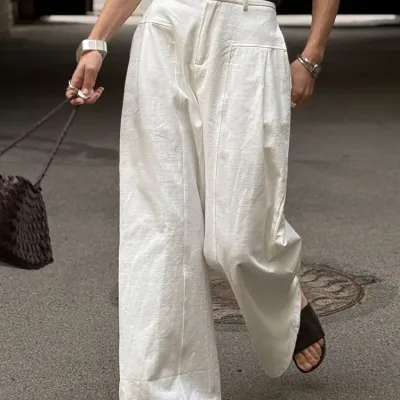 White Cotton Linen Pants Women Wide Leg Formal Trousers Summer Straight Leg Suit Pants High Waist Ladies Formal Pants Loose