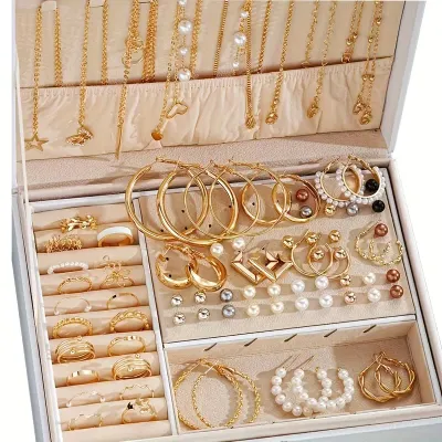 86pcs Fashion Elegant Butterfly Necklace Love Ring Imitation Pearl Earrings Studs Four-In-One Multi-Piece Jewelry Set No Box