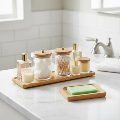 Bamboo Bathroom Accessories Set 2pcs - Bar Soap Dish Holder and Bamboo Tray for Bathroom, Kitchen Countertop, Shower