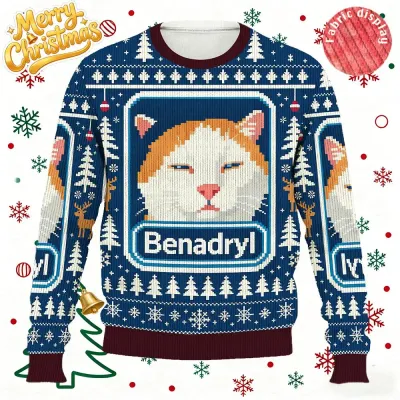 Funny Benadryl Meme Cat Christmas Ugly Sweater Cartoon Cat Printed Holiday Party sweatshirt New Year’s Unisex Loose O-Neck Tops