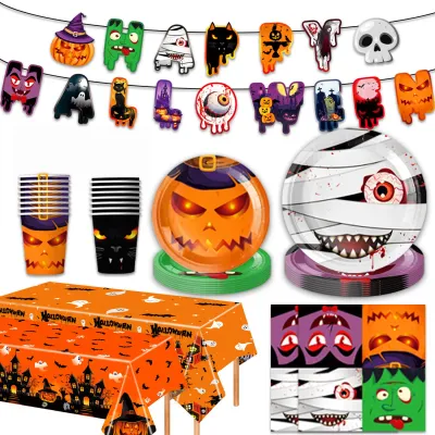 Kids Halloween Tableware Set, Monster Pumpkin Ghost Paper Plates Cups Napkins Banner, Trick or Treat Halloween Party Decor Suppl