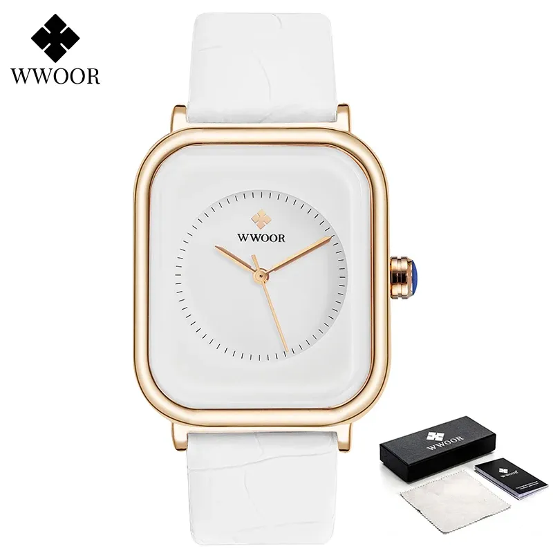 WWOOR White Leather Rectangle Ladies Quartz Watch 6