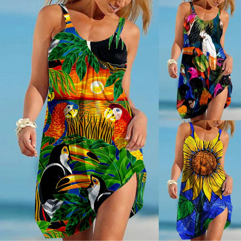 Sunflower Parrot Print Mini Beach Dress 1
