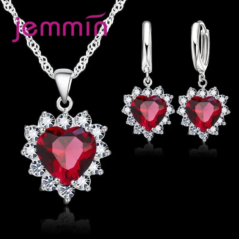 Heart Pendant Hoop Earrings Silver Jewelry Set 4