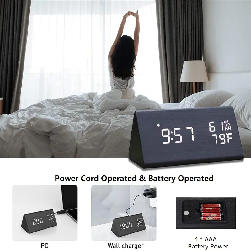 Wooden LED Alarm Clock with USB Charger 6