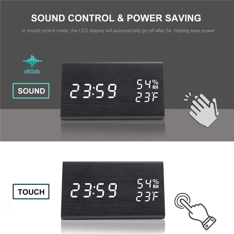 Wooden LED Alarm Clock with USB Charger 4