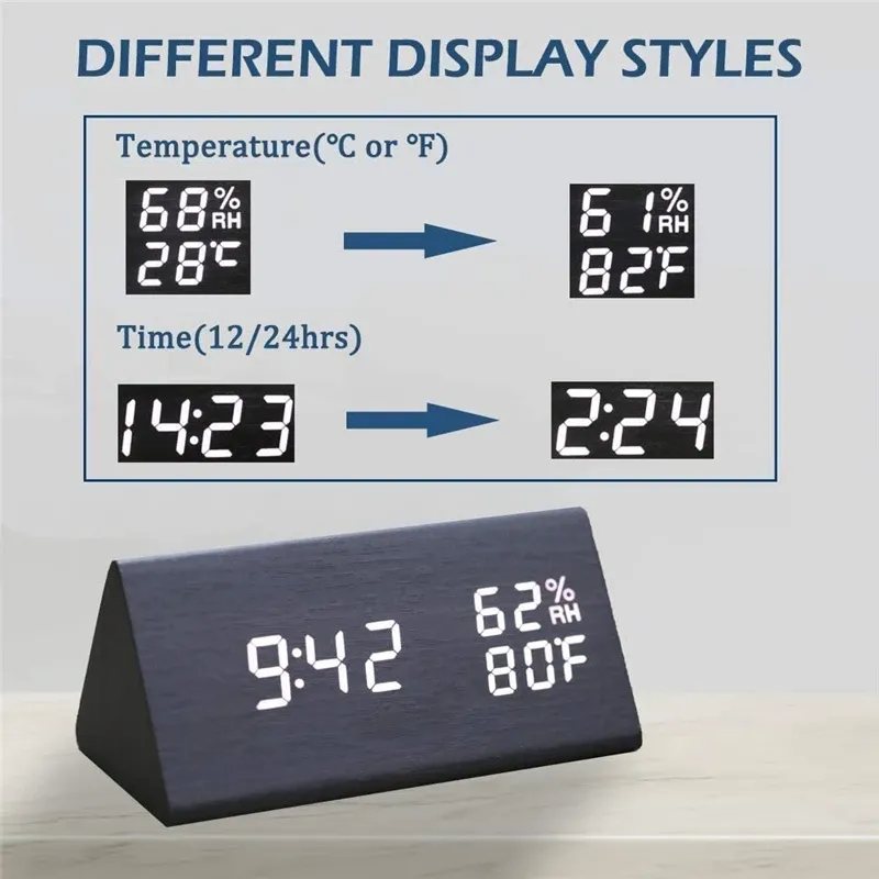 Wooden LED Alarm Clock with USB Charger 5
