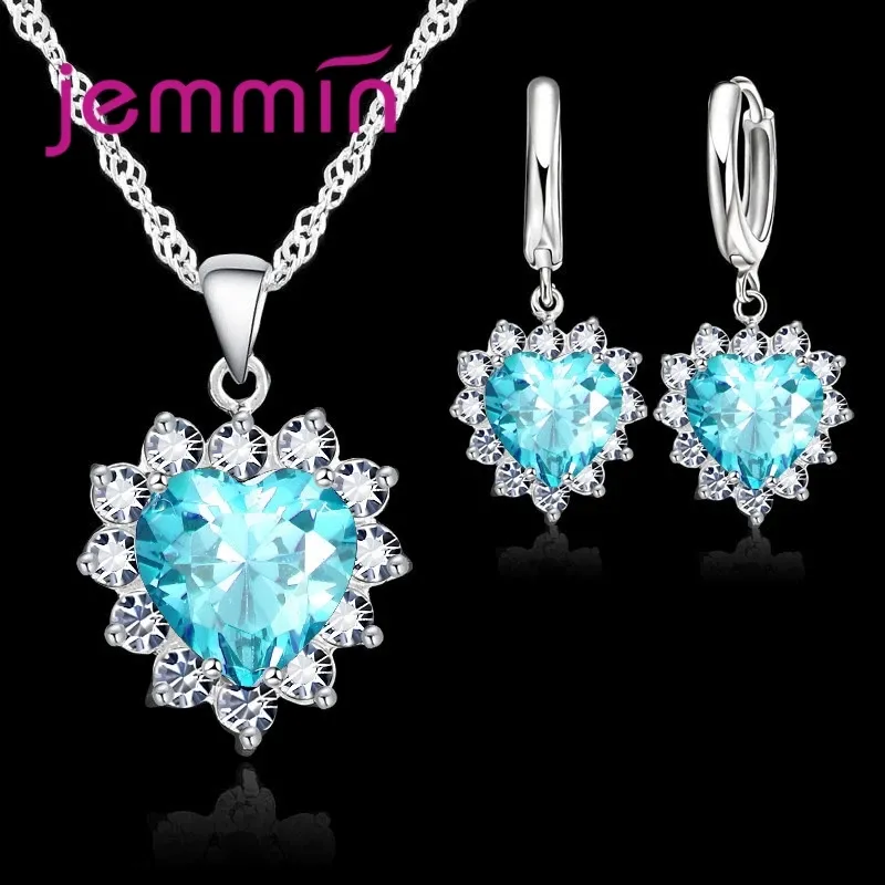 Heart Pendant Hoop Earrings Silver Jewelry Set 2