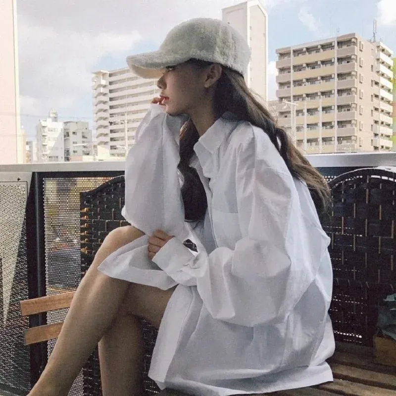 Women's Oversized White Button-Up Tunic Shirt 2