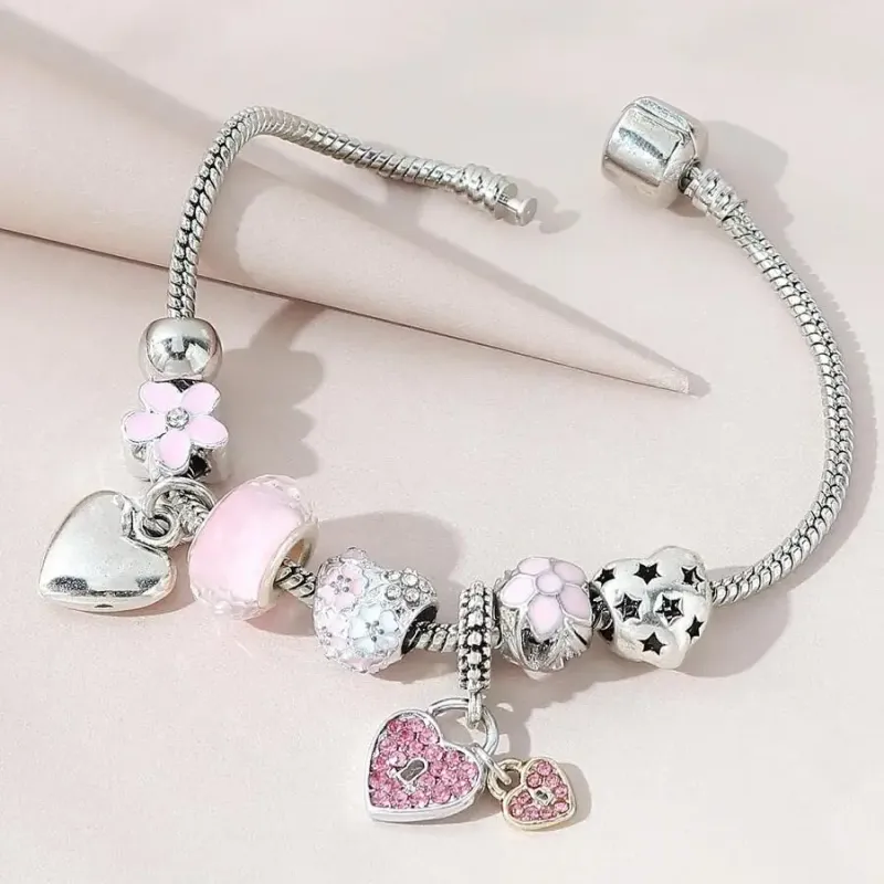 Heart Flower Glass Charm Bracelet 1