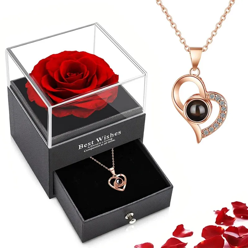 100-Language Projection Heart Necklace & Rose Box 1