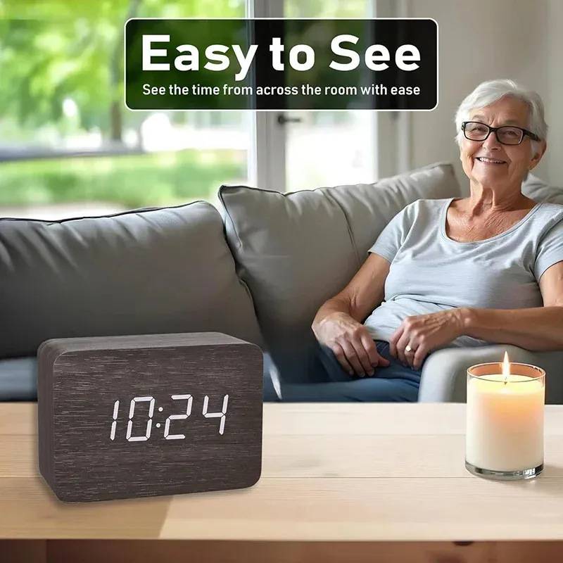 Wooden Digital Alarm Clock with Temperature 2