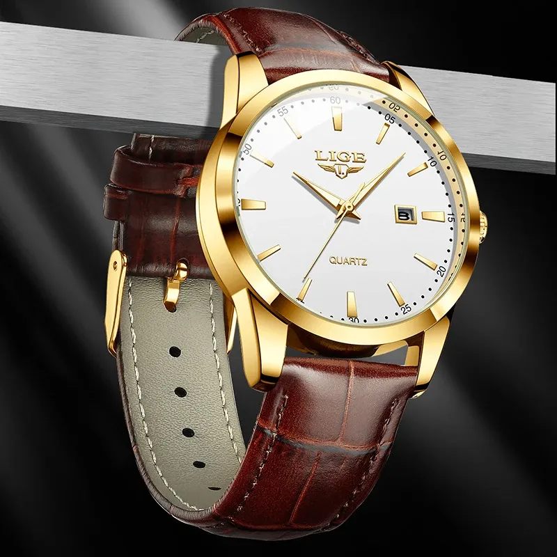 LIGE Men's Brown Leather Chronograph Watch 4