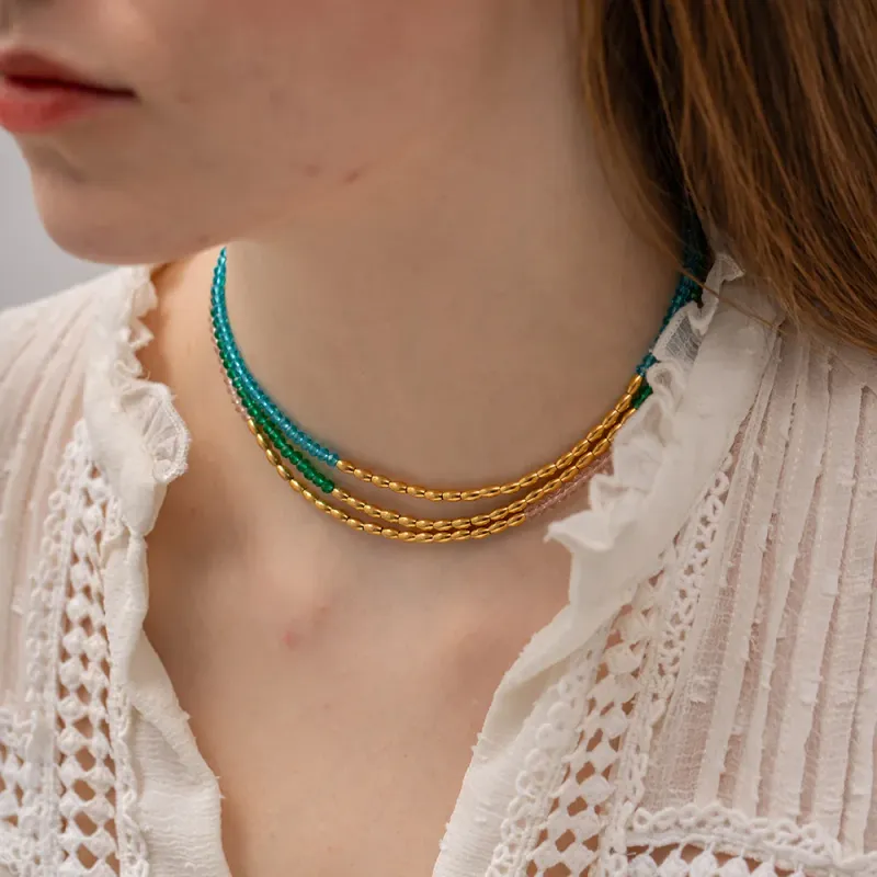 Gold Plated Blue Bead Choker Necklace 1