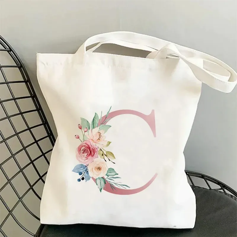 Pink Flower Letter Canvas Shoulder Bag 4