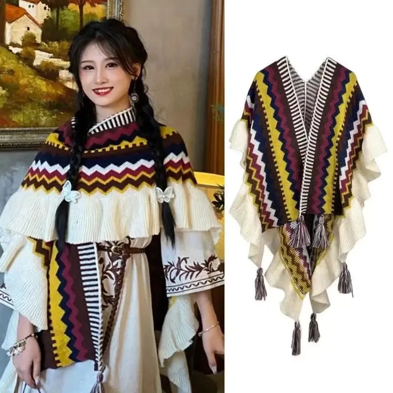 Bohemian Striped Tasseled Poncho Wrap 2