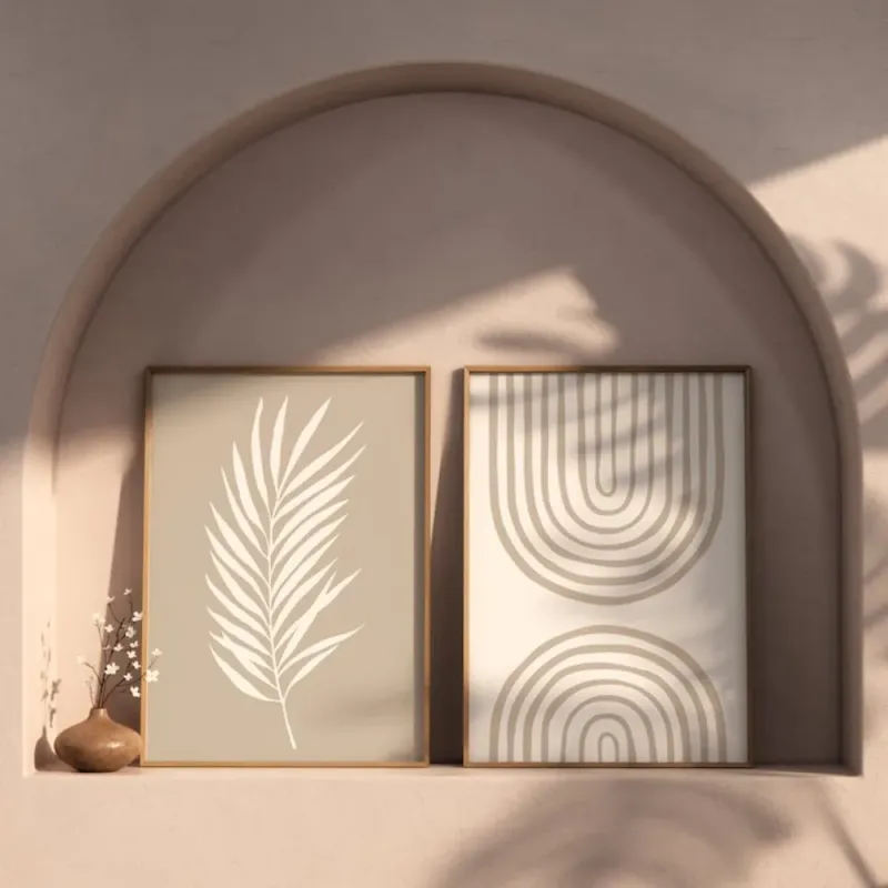 Beige Boho Palm Leaf Print Set of 2 4